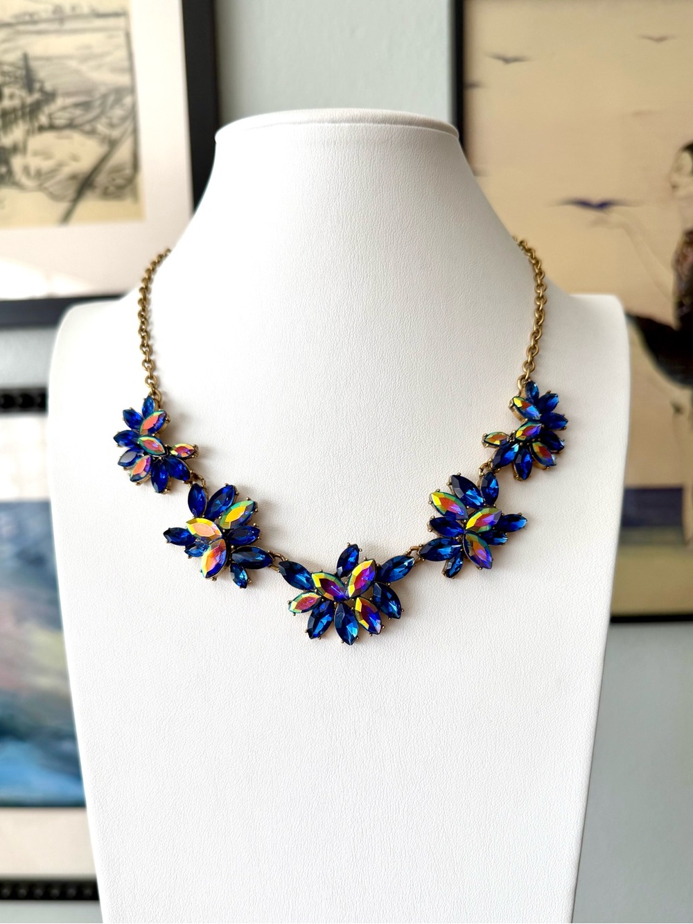 J Crew Blue AB Crystal Flower Statement Necklace Iridescent Gold Tone Choker Bib
